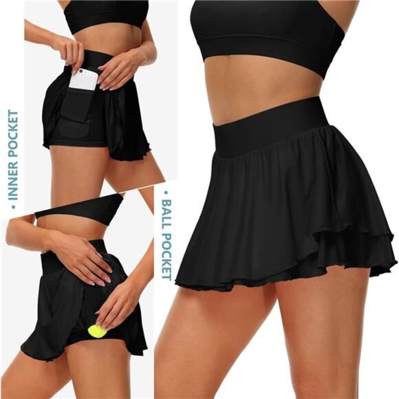 Women's Athletic Tennis Skirts Ruffle Golf Running Workout Ice Silk Flowy Skorts - Picture 4 of 6